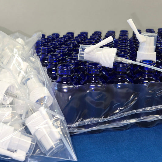 Oral/Throat/Swivel Sprayer Top & Bottle Sets-30 ml Cobalt Blue Glass bottles and ORAL Tops-120-Pack-EMPTY-Unassembled