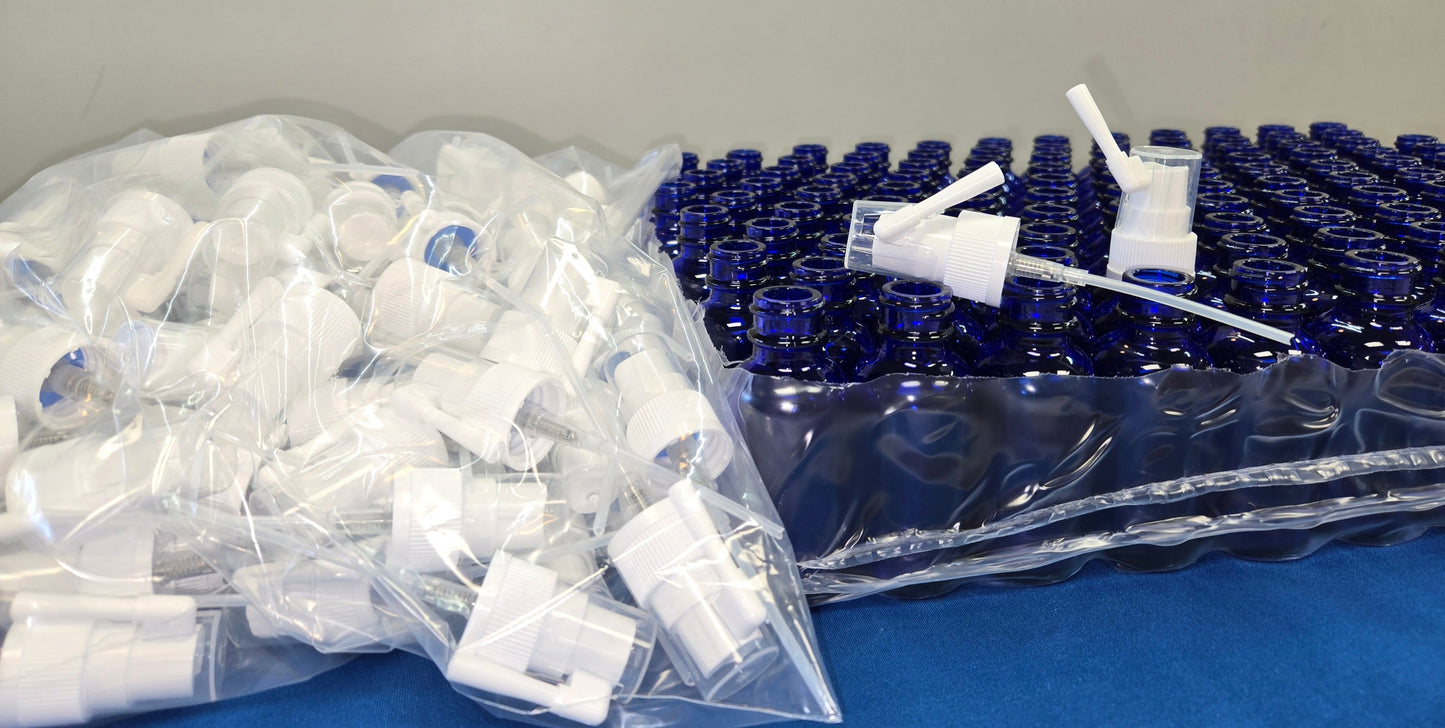 Oral/Throat/Swivel Sprayer Top & Bottle Sets-30 ml Cobalt Blue Glass bottles and ORAL Tops-120-Pack-EMPTY-Unassembled