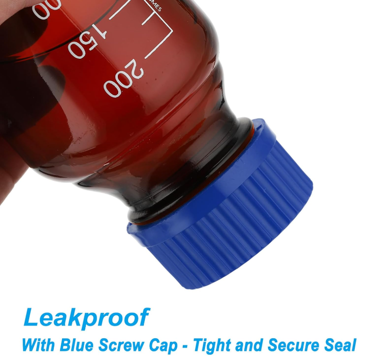 Chlorine Dioxide Storage Bottles, 1000ml Borosilicate Glass Graduated Round Bottles with GL32 Blue Screw Cap for Lab Water Reagent Liquids, Amber